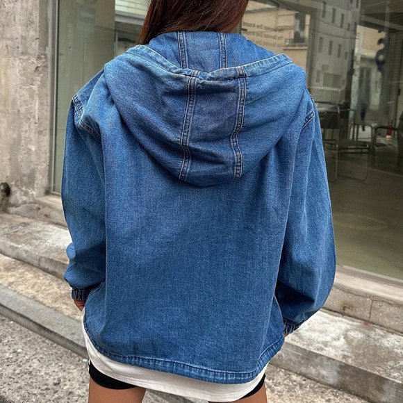 Blue Preppy Womens Half Button Drawstring Hem Hooded Denim Jacket - Picture 2 of 5